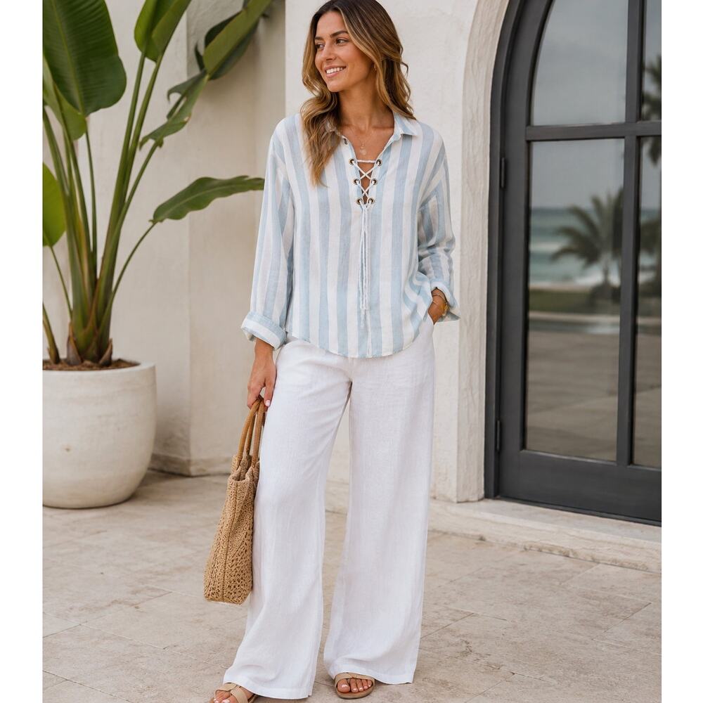 Rails Blue White Striped Lace Up Shirt Womens L Beachy Nautical Summer Casual